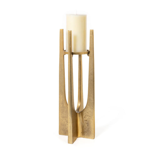 16" Gold Distressed Aluminum Geometric Tabletop Pillar Candle Holder - Loft&Timber