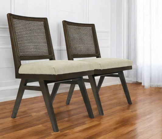 Set of Two Dark Brown And Gray Wood Cane And Upholstery Dining Side Chairs - Loft&Timber