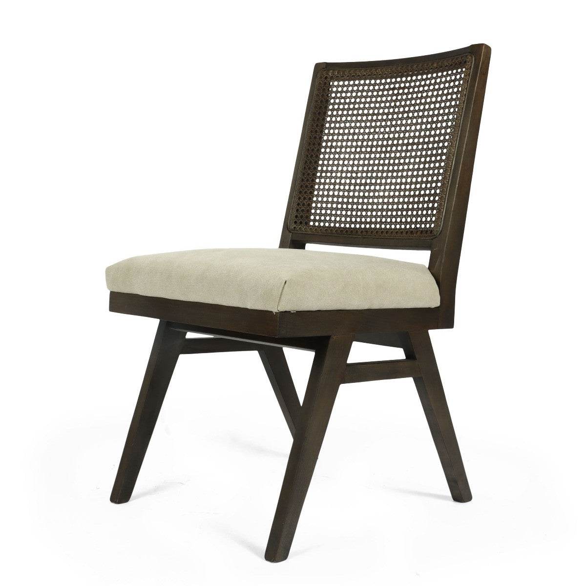 Set of Two Dark Brown And Gray Wood Cane And Upholstery Dining Side Chairs - Loft&Timber