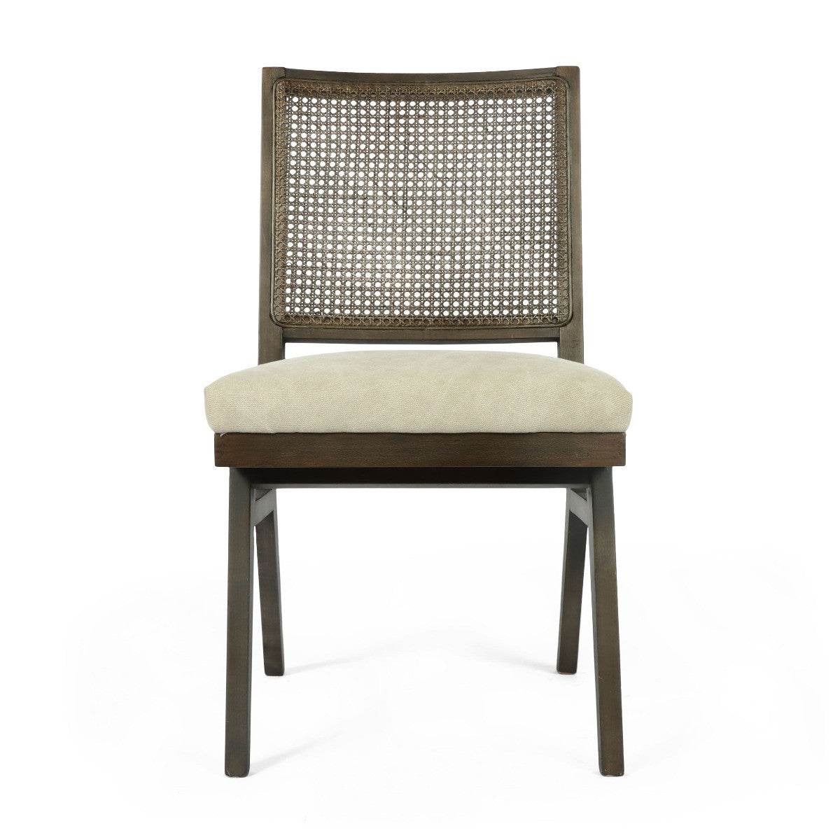 Set of Two Dark Brown And Gray Wood Cane And Upholstery Dining Side Chairs - Loft&Timber