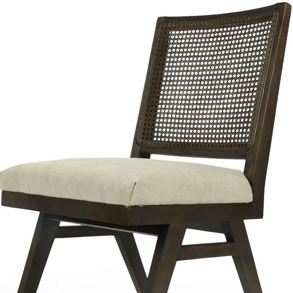 Set of Two Dark Brown And Gray Wood Cane And Upholstery Dining Side Chairs - Loft&Timber