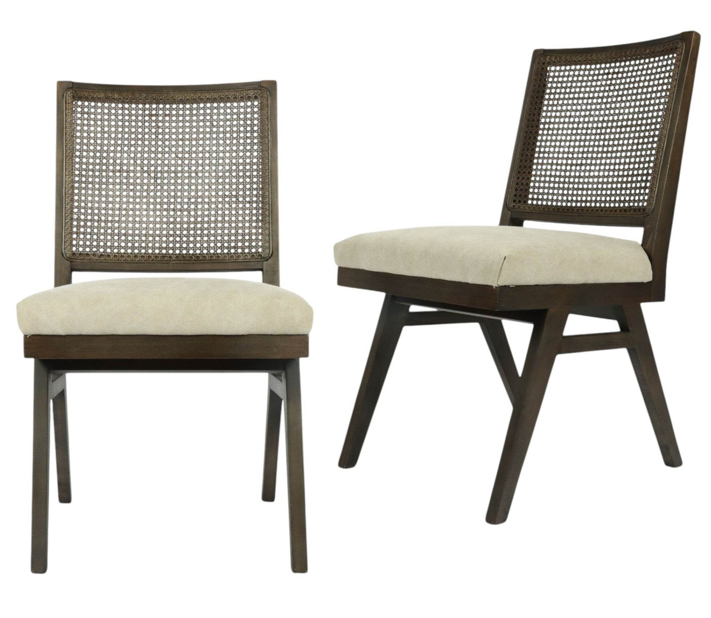 Set of Two Dark Brown And Gray Wood Cane And Upholstery Dining Side Chairs - Loft&Timber