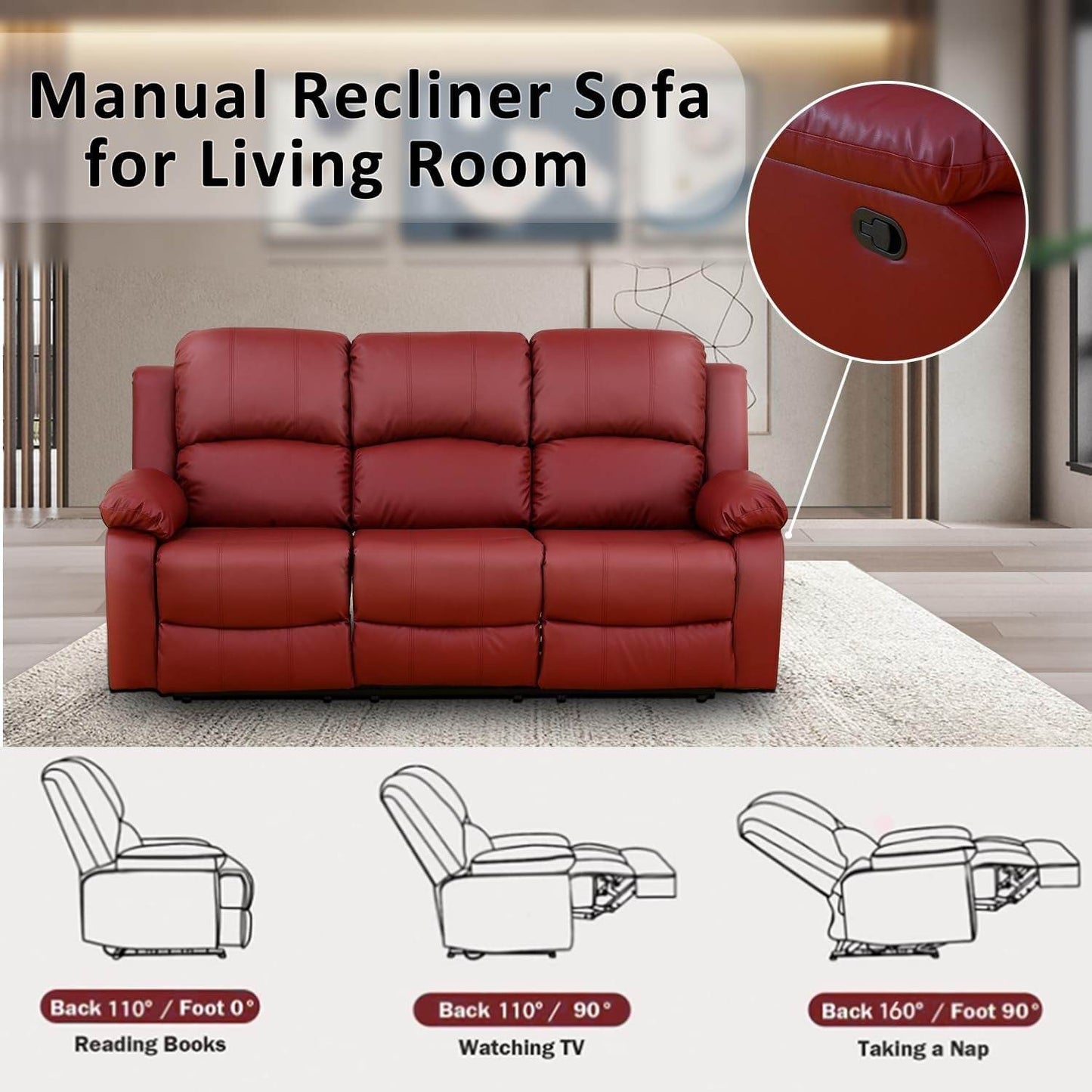 Manual Recliner Sofa Set, Bonded Leather Sofa Set, Red - Loft&Timber