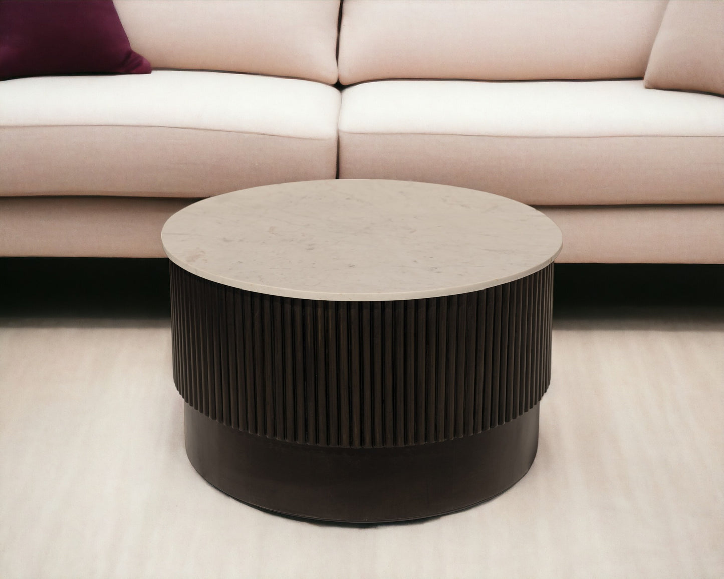 31" White And Dark Brown Genuine Marble And Solid Wood Round Drum Coffee Table - Loft&Timber
