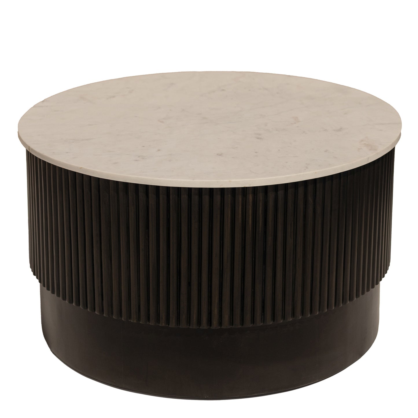 31" White And Dark Brown Genuine Marble And Solid Wood Round Drum Coffee Table - Loft&Timber