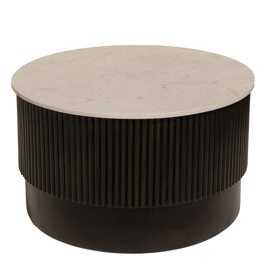31" White And Dark Brown Genuine Marble And Solid Wood Round Drum Coffee Table - Loft&Timber