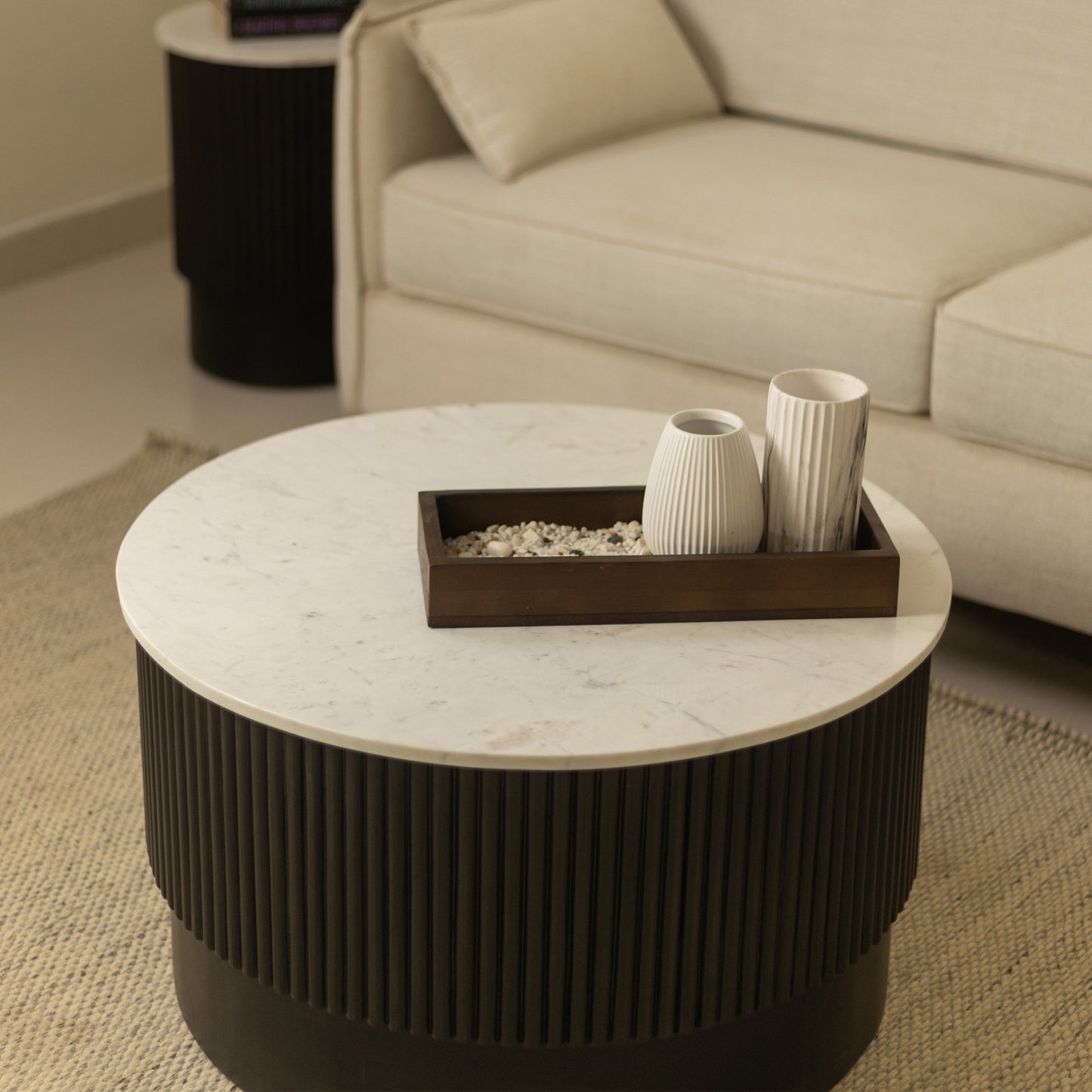31" White And Dark Brown Genuine Marble And Solid Wood Round Drum Coffee Table - Loft&Timber