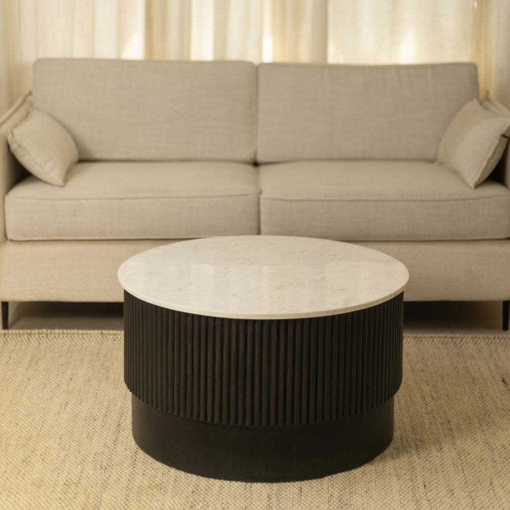 31" White And Dark Brown Genuine Marble And Solid Wood Round Drum Coffee Table - Loft&Timber