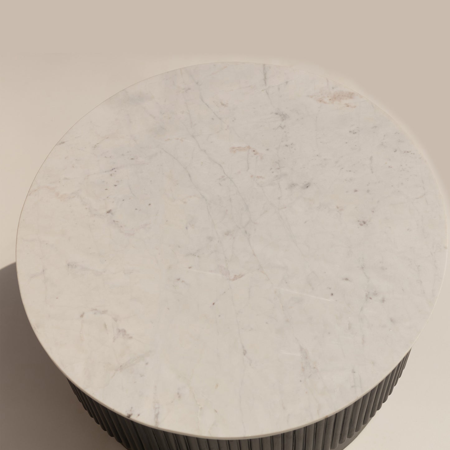 31" White And Dark Brown Genuine Marble And Solid Wood Round Drum Coffee Table - Loft&Timber
