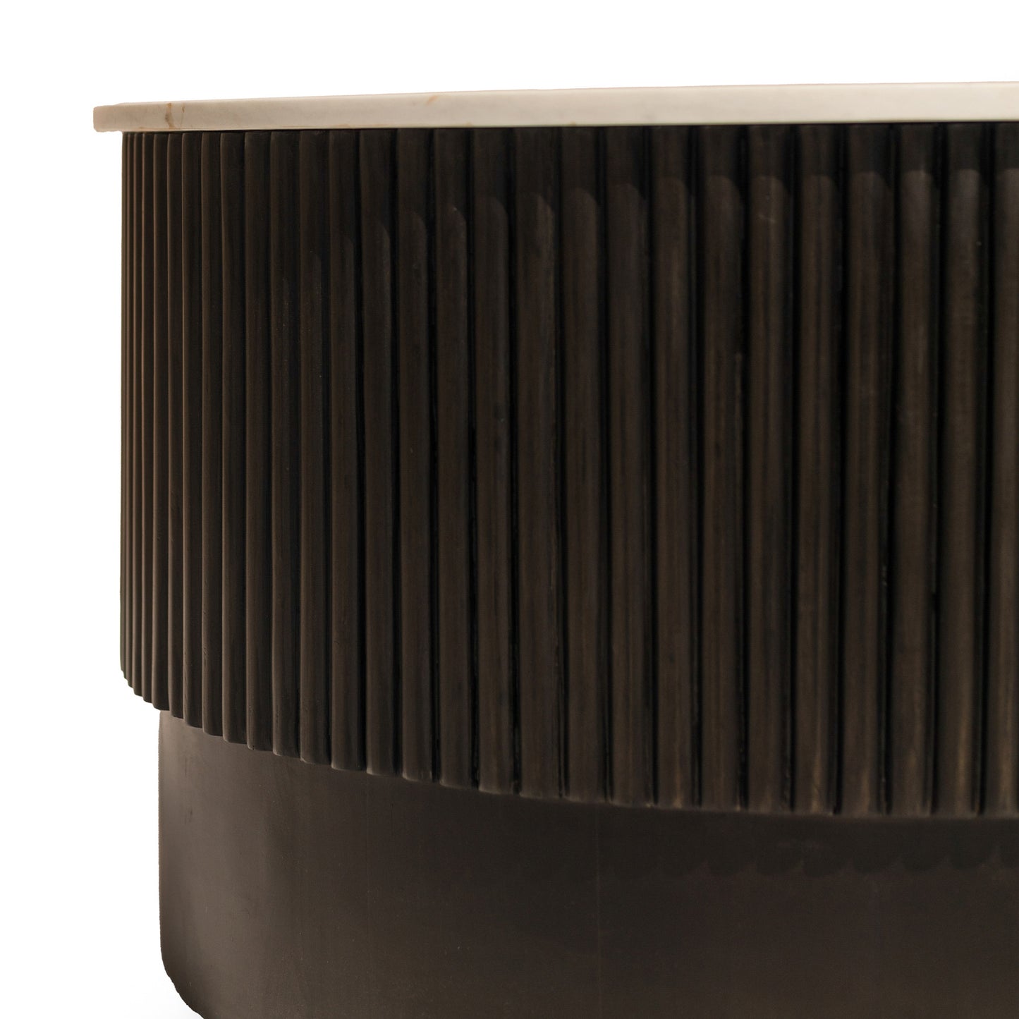 31" White And Dark Brown Genuine Marble And Solid Wood Round Drum Coffee Table - Loft&Timber