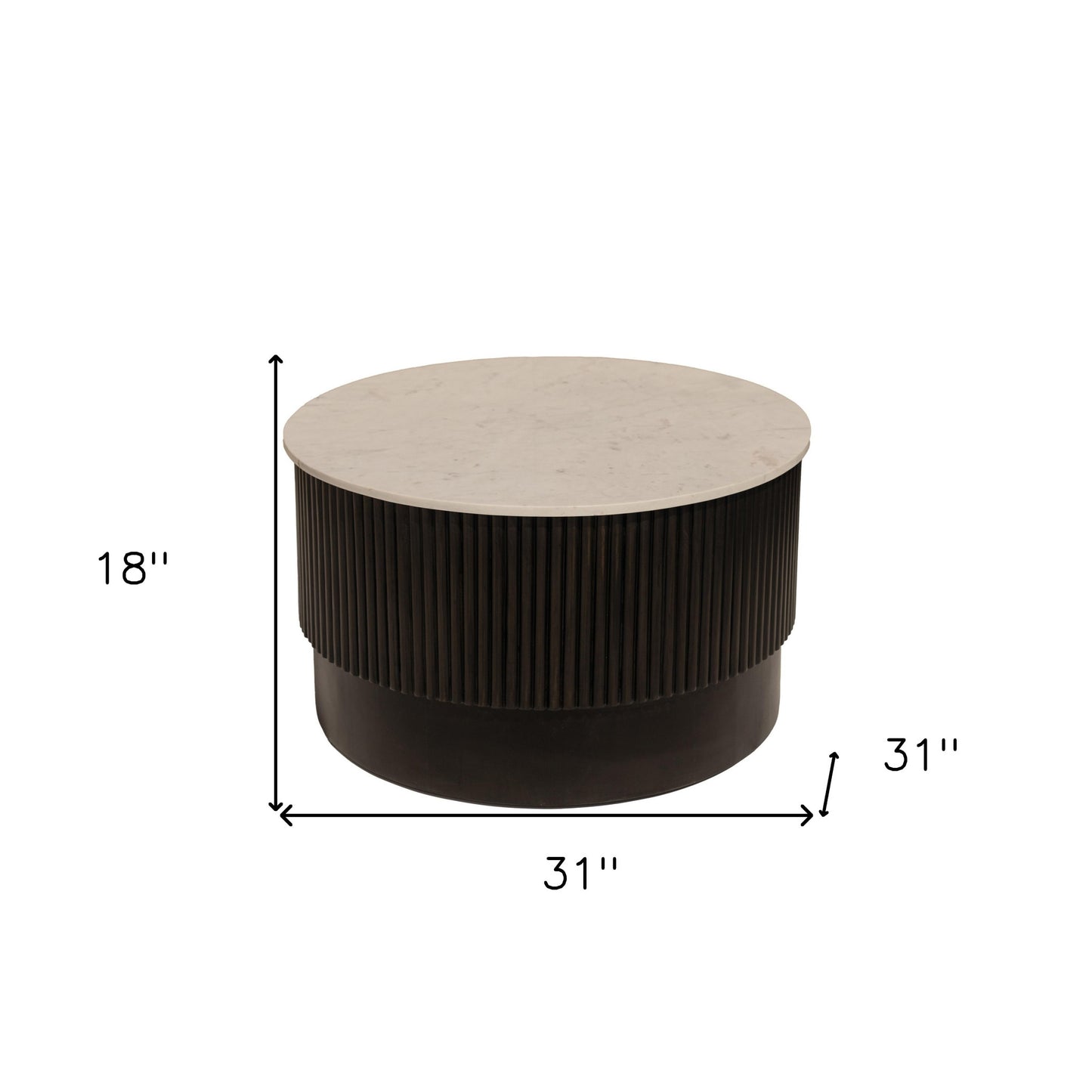 31" White And Dark Brown Genuine Marble And Solid Wood Round Drum Coffee Table - Loft&Timber