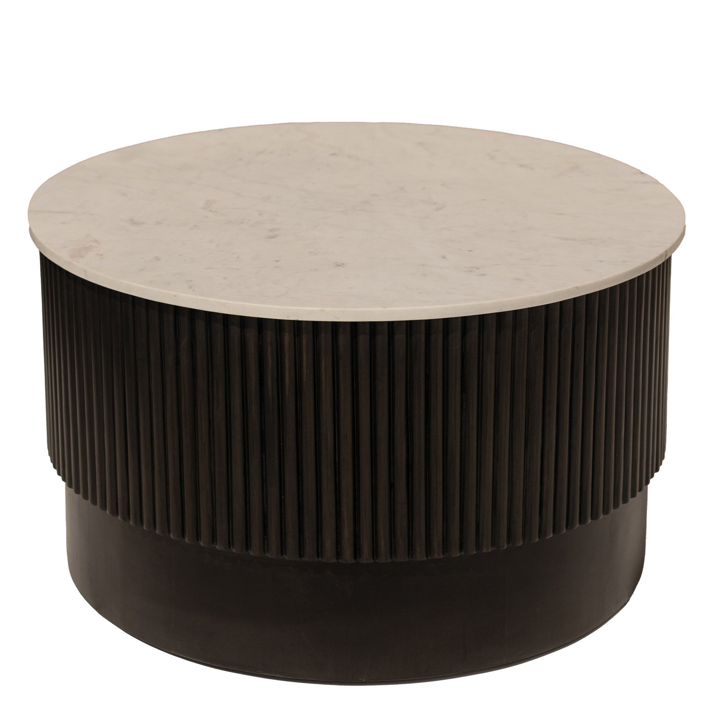31" White And Dark Brown Genuine Marble And Solid Wood Round Drum Coffee Table - Loft&Timber