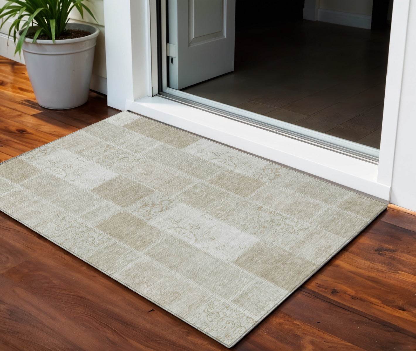 3' X 5' Taupe Beige And Tan Patchwork Washable Indoor Outdoor Area Rug - Loft&Timber