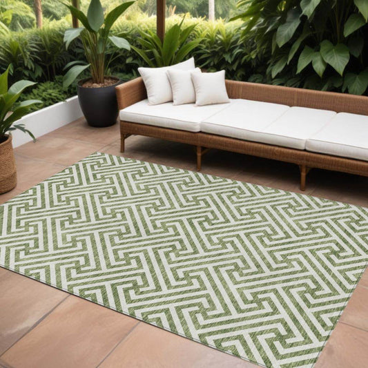 10' X 14' Green And Beige Geometric Washable Indoor Outdoor Area Rug - Loft&Timber
