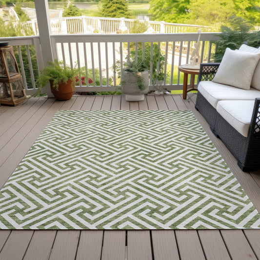 10' X 14' Green And Beige Geometric Washable Indoor Outdoor Area Rug - Loft&Timber