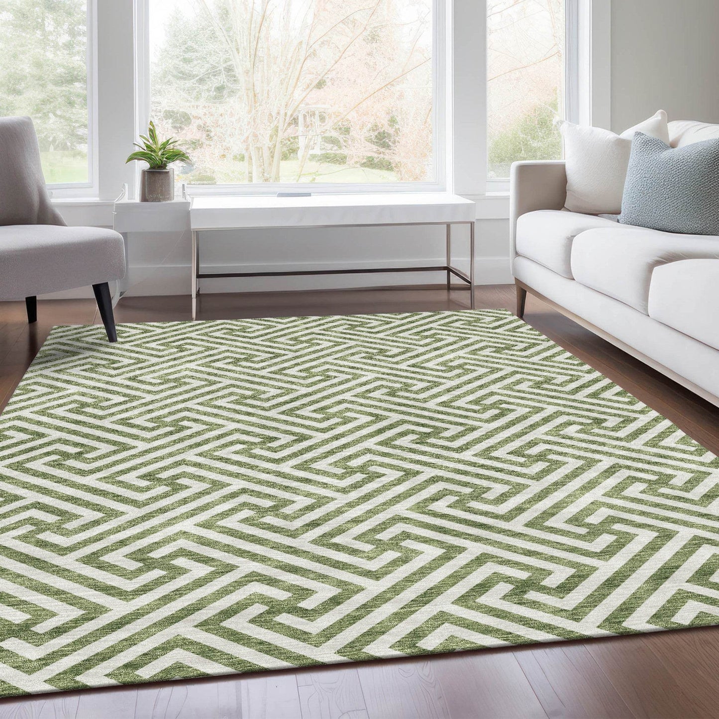10' X 14' Green And Beige Geometric Washable Indoor Outdoor Area Rug - Loft&Timber