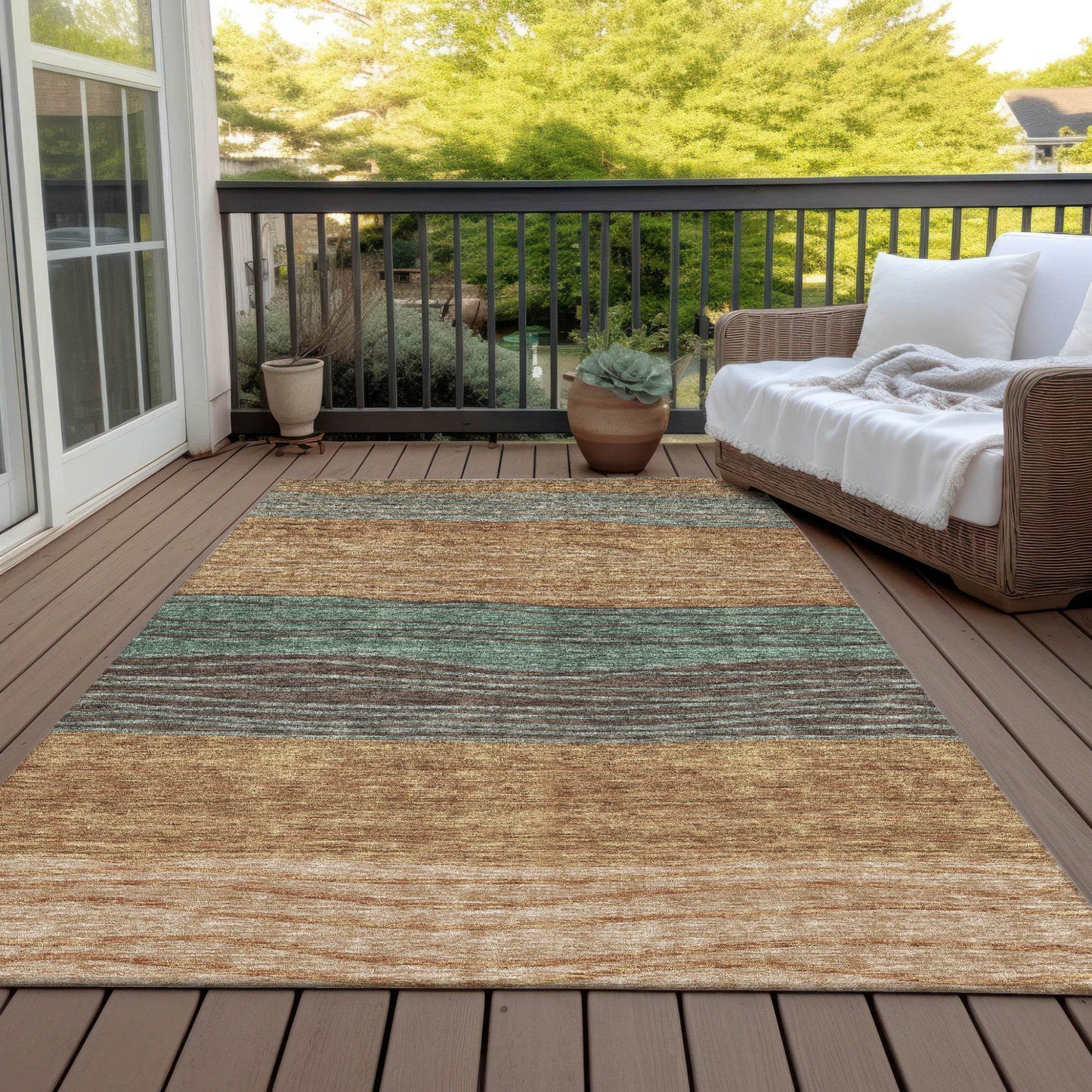9' X 12' Terra Cotta Copper And Beige Striped Washable Indoor Outdoor Area Rug - Loft&Timber