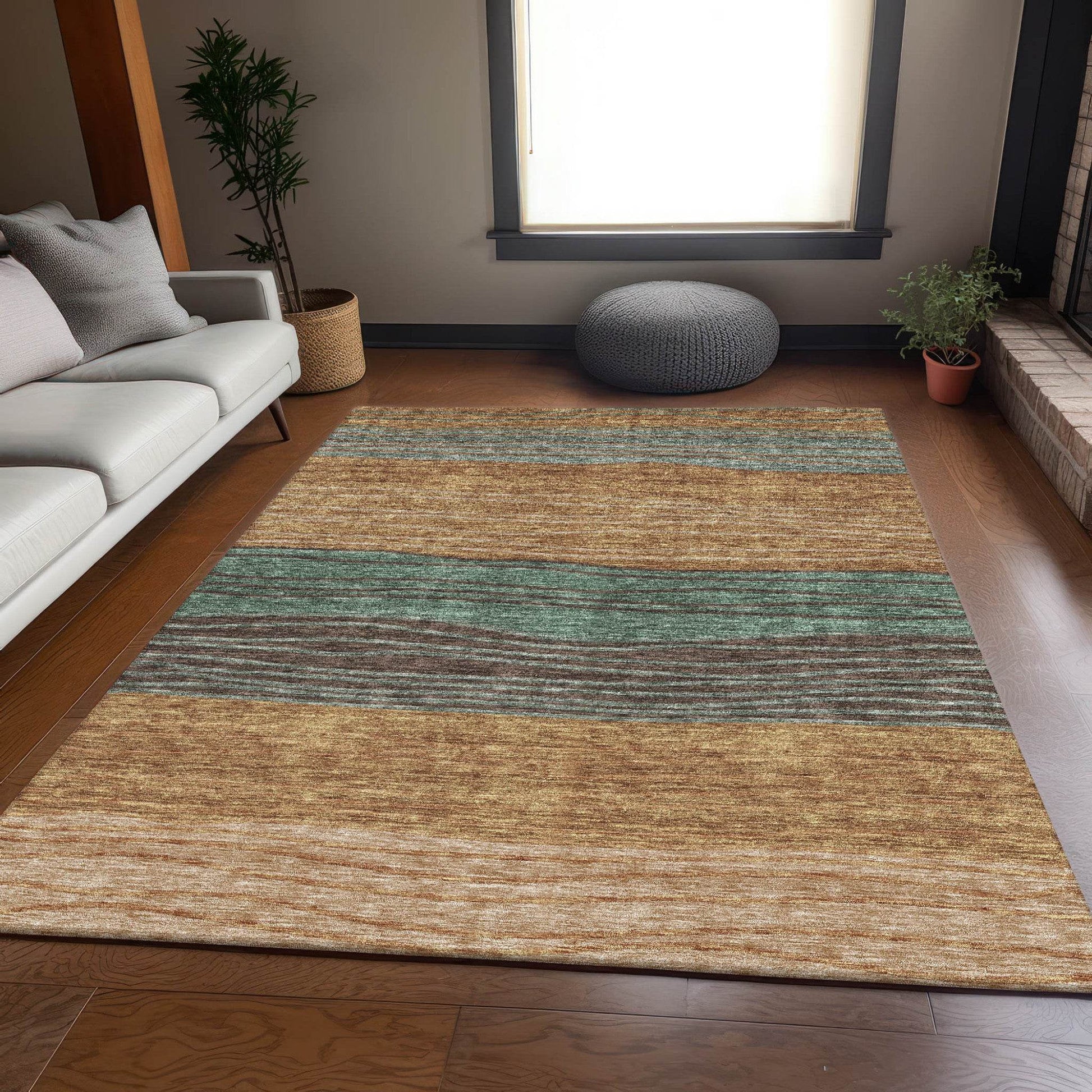 9' X 12' Terra Cotta Copper And Beige Striped Washable Indoor Outdoor Area Rug - Loft&Timber