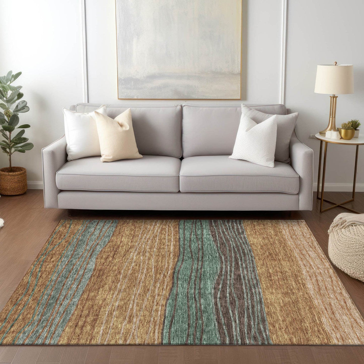 9' X 12' Terra Cotta Copper And Beige Striped Washable Indoor Outdoor Area Rug - Loft&Timber