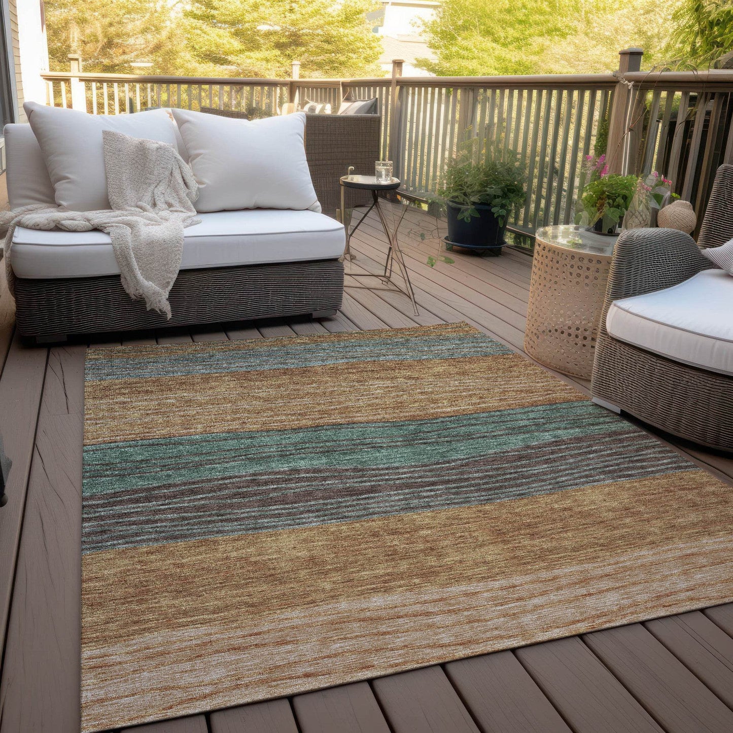 9' X 12' Terra Cotta Copper And Beige Striped Washable Indoor Outdoor Area Rug - Loft&Timber