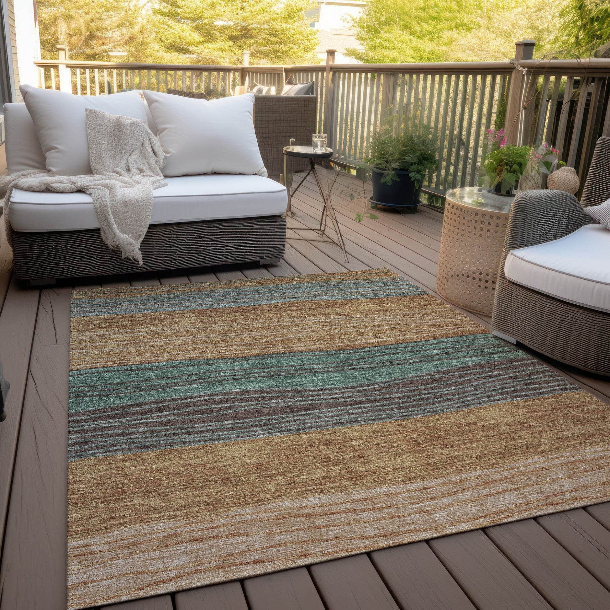 9' X 12' Terra Cotta Copper And Beige Striped Washable Indoor Outdoor Area Rug - Loft&Timber
