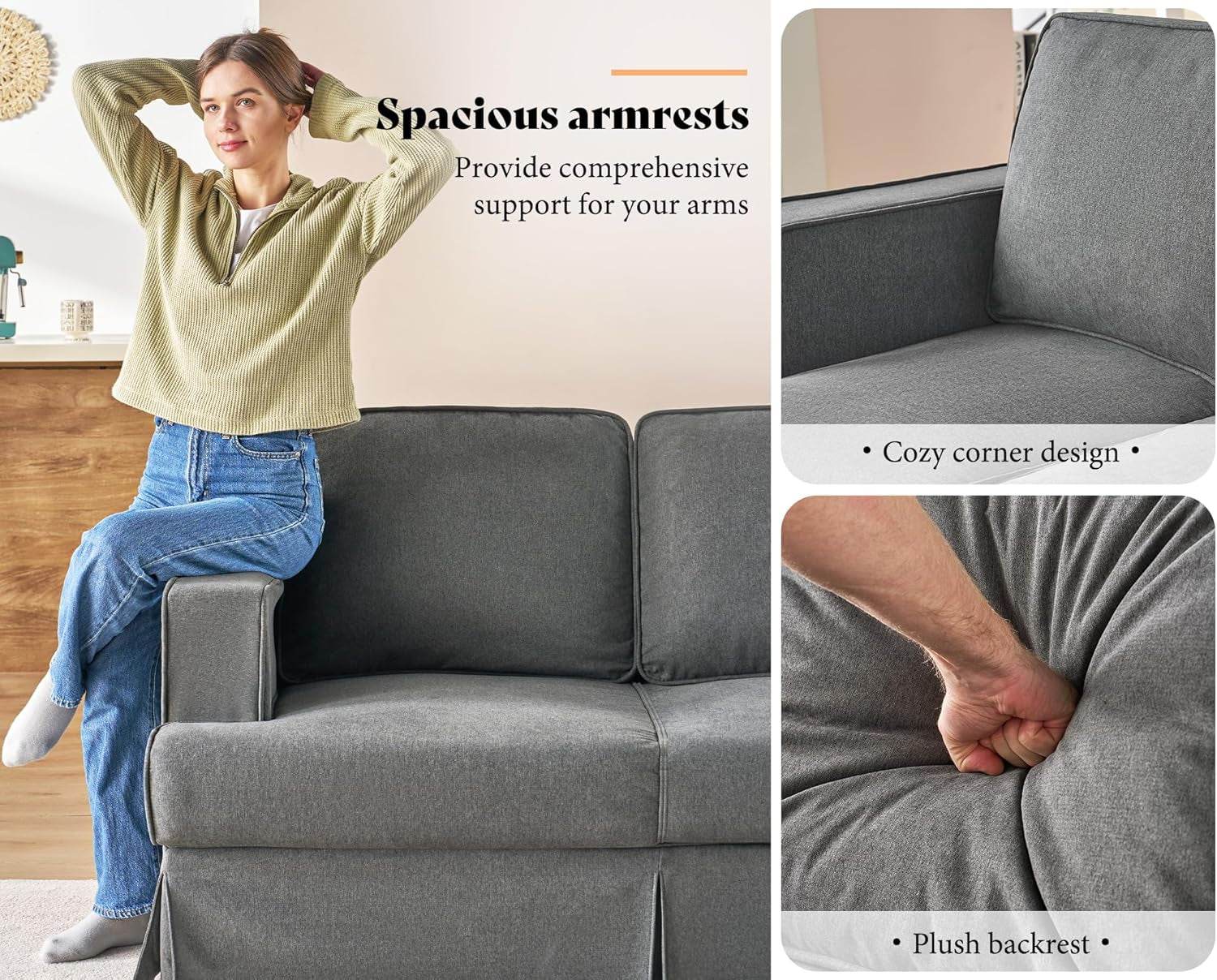 Modern Sofa, 89 Inch Slipcovered Sofa, 3 Seater Sofa Comfy Couch for Living Room Office, Linen Grey Oversized Couch - Loft&Timber