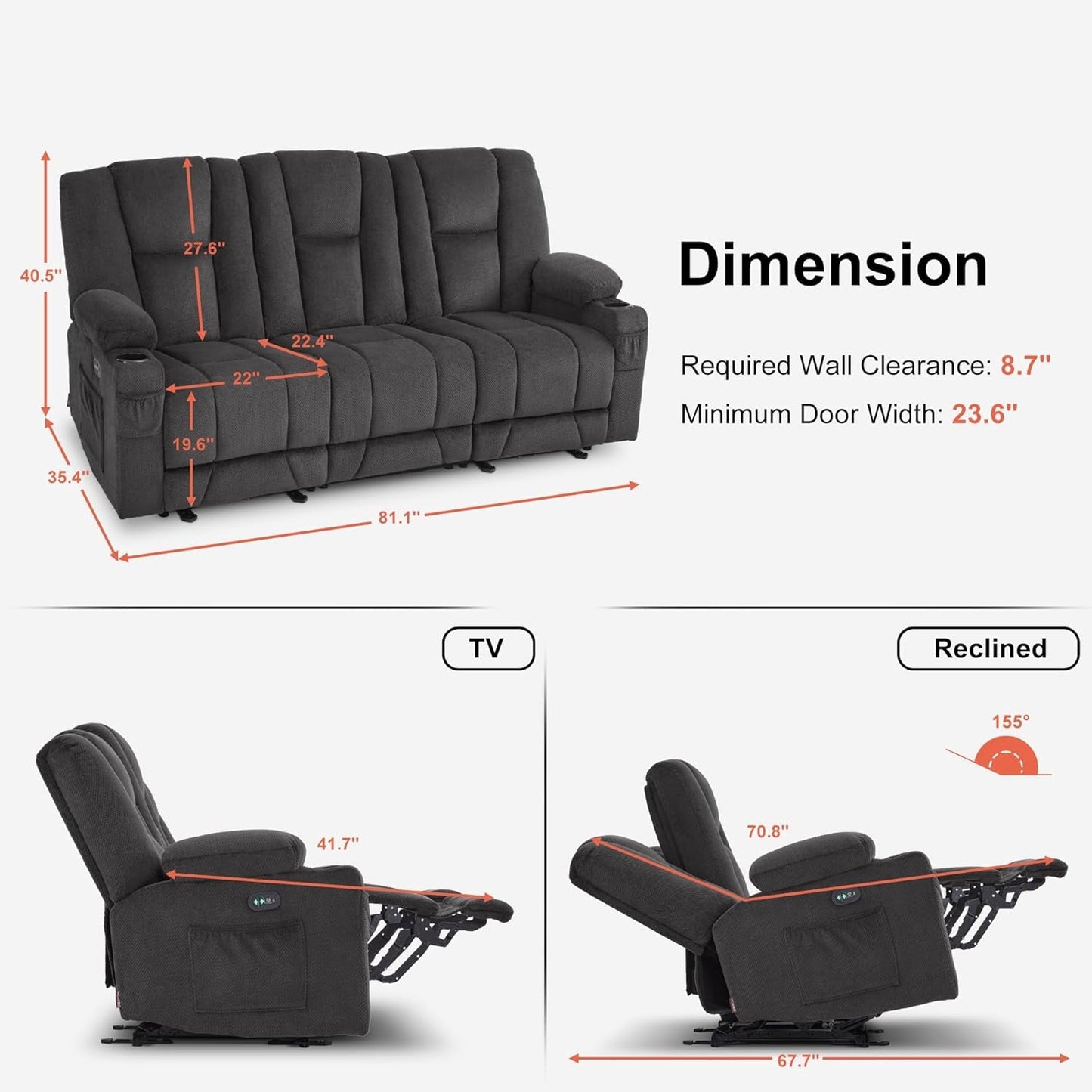 Power Reclining Sofa with Heat and Vibration,Usb Ports, Cup Holders,3-Seat Dual Recliner Sofa for Living Room 6015 (Gray)-2
