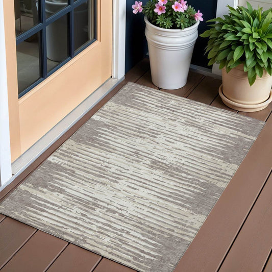 3' X 5' Taupe And Ivory Striped Washable Indoor Outdoor Area Rug - Loft&Timber