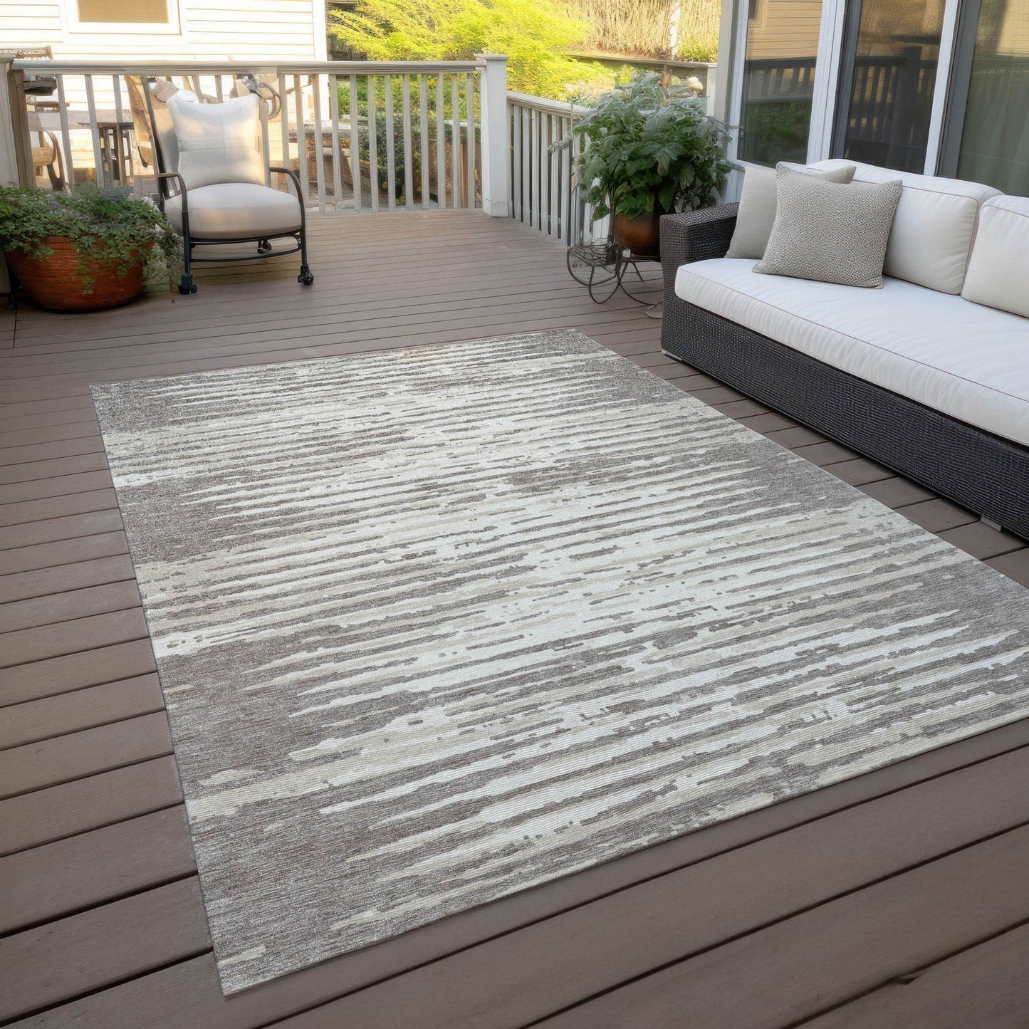 3' X 5' Taupe And Ivory Striped Washable Indoor Outdoor Area Rug - Loft&Timber
