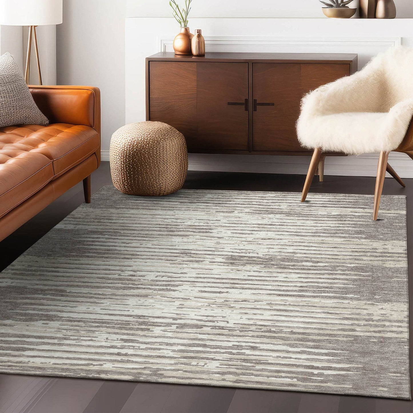 3' X 5' Taupe And Ivory Striped Washable Indoor Outdoor Area Rug - Loft&Timber