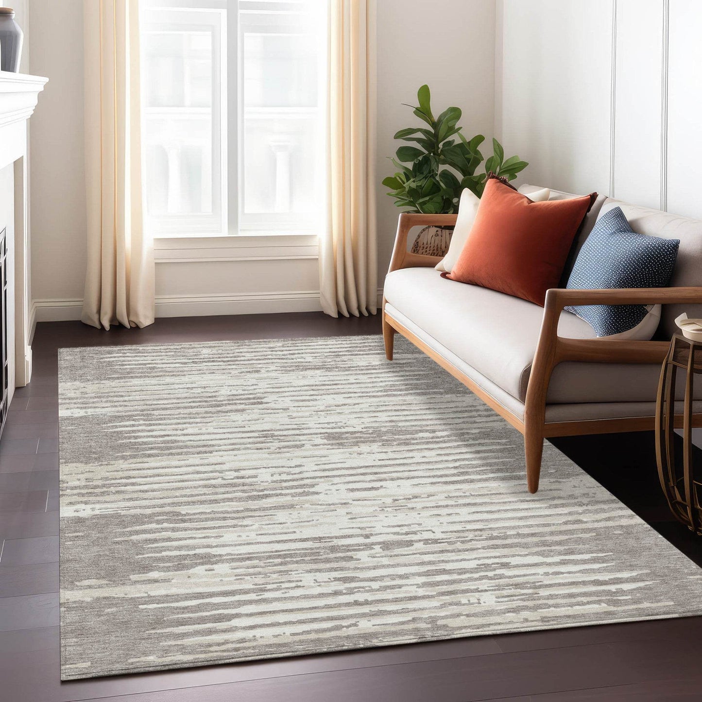 3' X 5' Taupe And Ivory Striped Washable Indoor Outdoor Area Rug - Loft&Timber