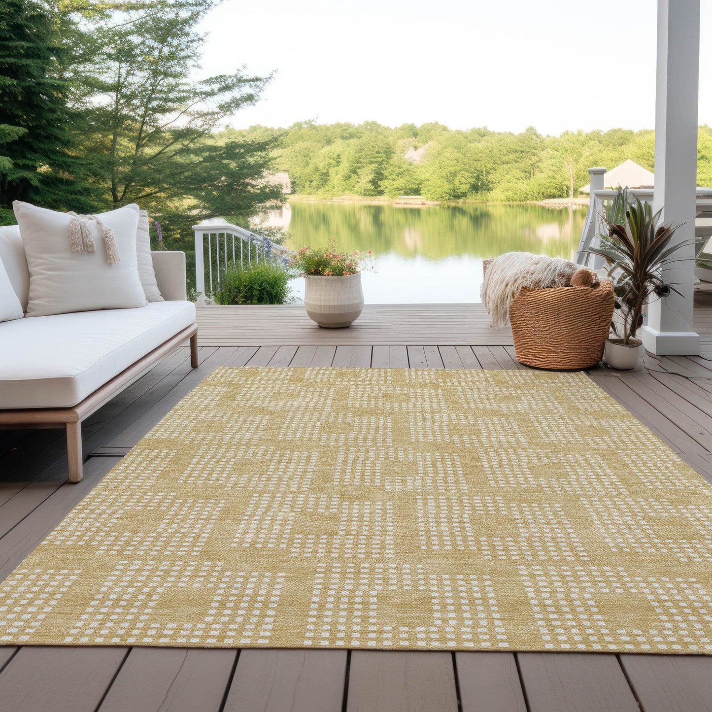 3' X 5' Gold And Ivory Geometric Washable Indoor Outdoor Area Rug - Loft&Timber