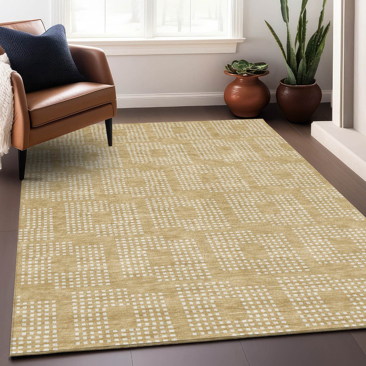 3' X 5' Gold And Ivory Geometric Washable Indoor Outdoor Area Rug - Loft&Timber