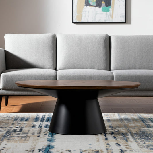 40" Brown and Black Solid Wood and Iron Round Pedestal Coffee Table - Loft&Timber