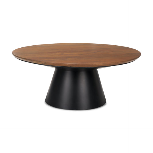 40" Brown and Black Solid Wood and Iron Round Pedestal Coffee Table - Loft&Timber