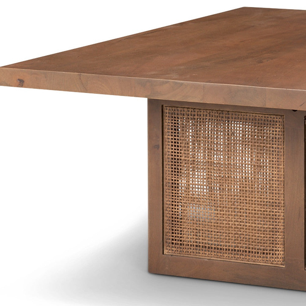 42" Brown and Natural Solid Wood and Wicker Square Double Pedestal Coffee Table - Loft&Timber