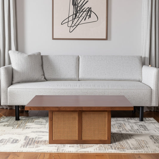 42" Brown and Natural Solid Wood and Wicker Square Double Pedestal Coffee Table - Loft&Timber