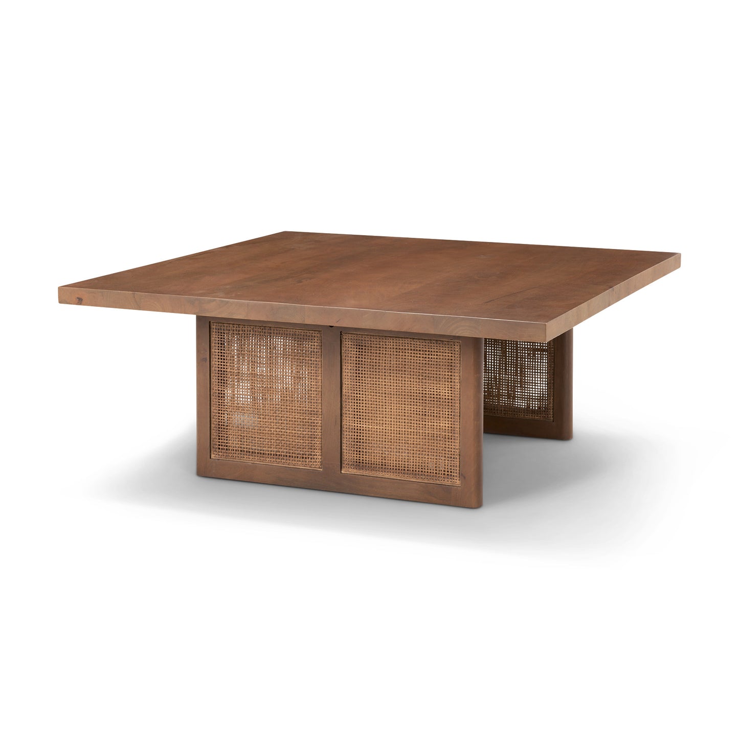 42" Brown and Natural Solid Wood and Wicker Square Double Pedestal Coffee Table - Loft&Timber