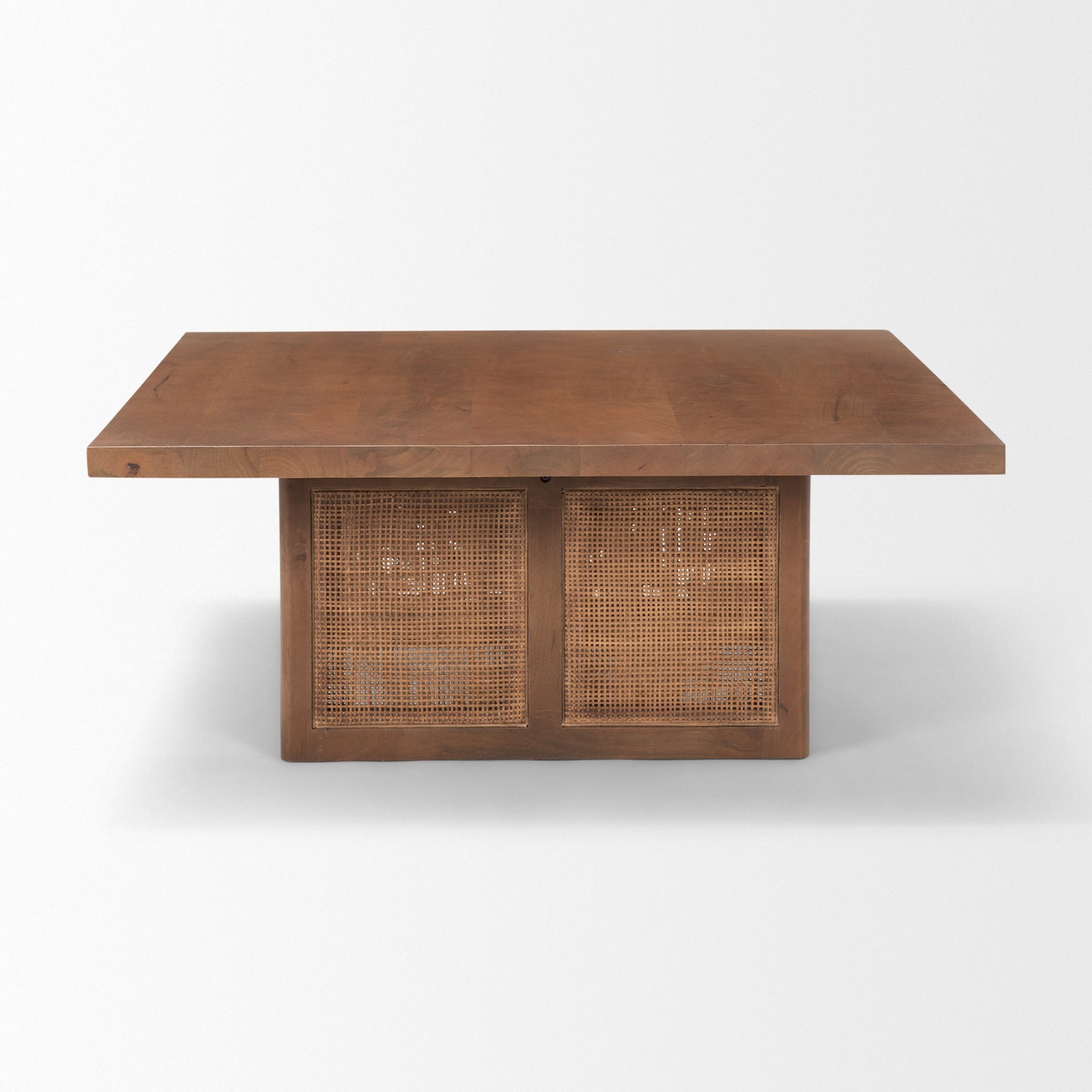 42" Brown and Natural Solid Wood and Wicker Square Double Pedestal Coffee Table - Loft&Timber