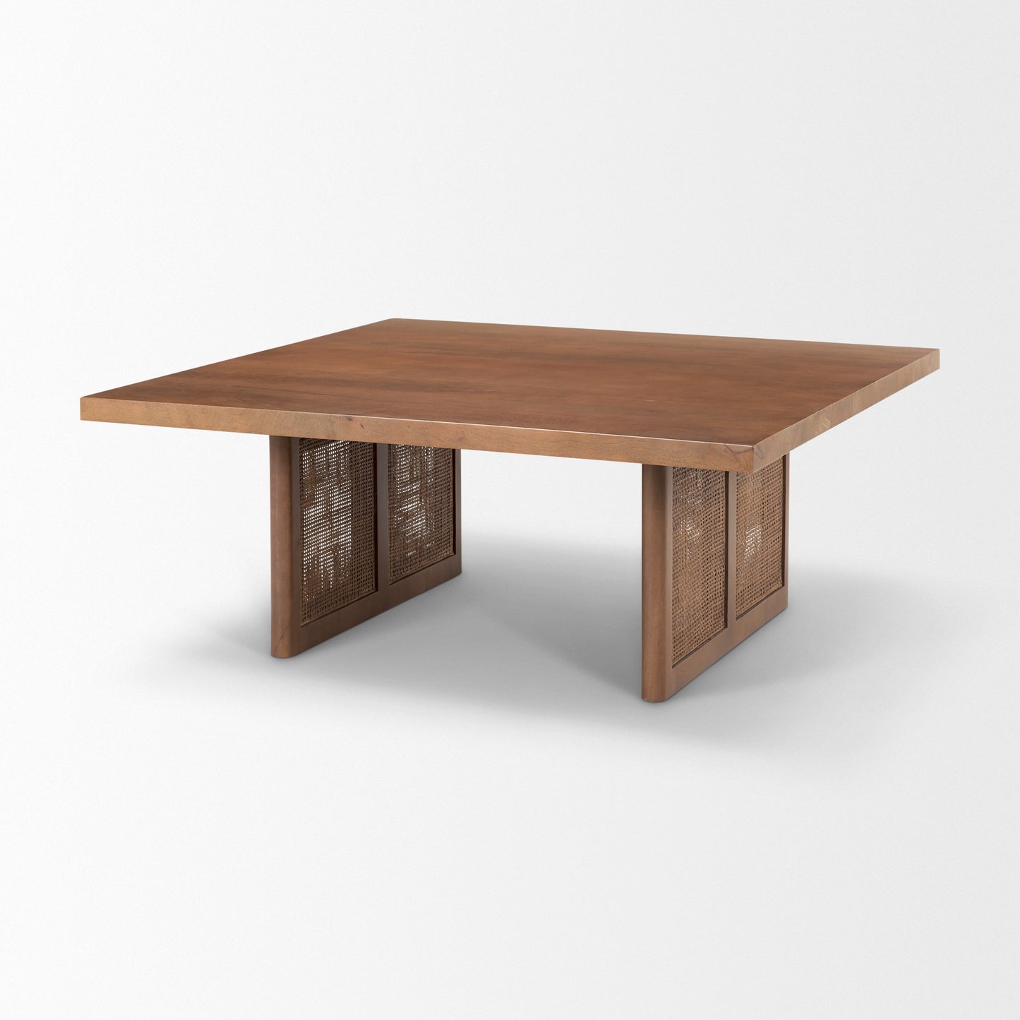42" Brown and Natural Solid Wood and Wicker Square Double Pedestal Coffee Table - Loft&Timber