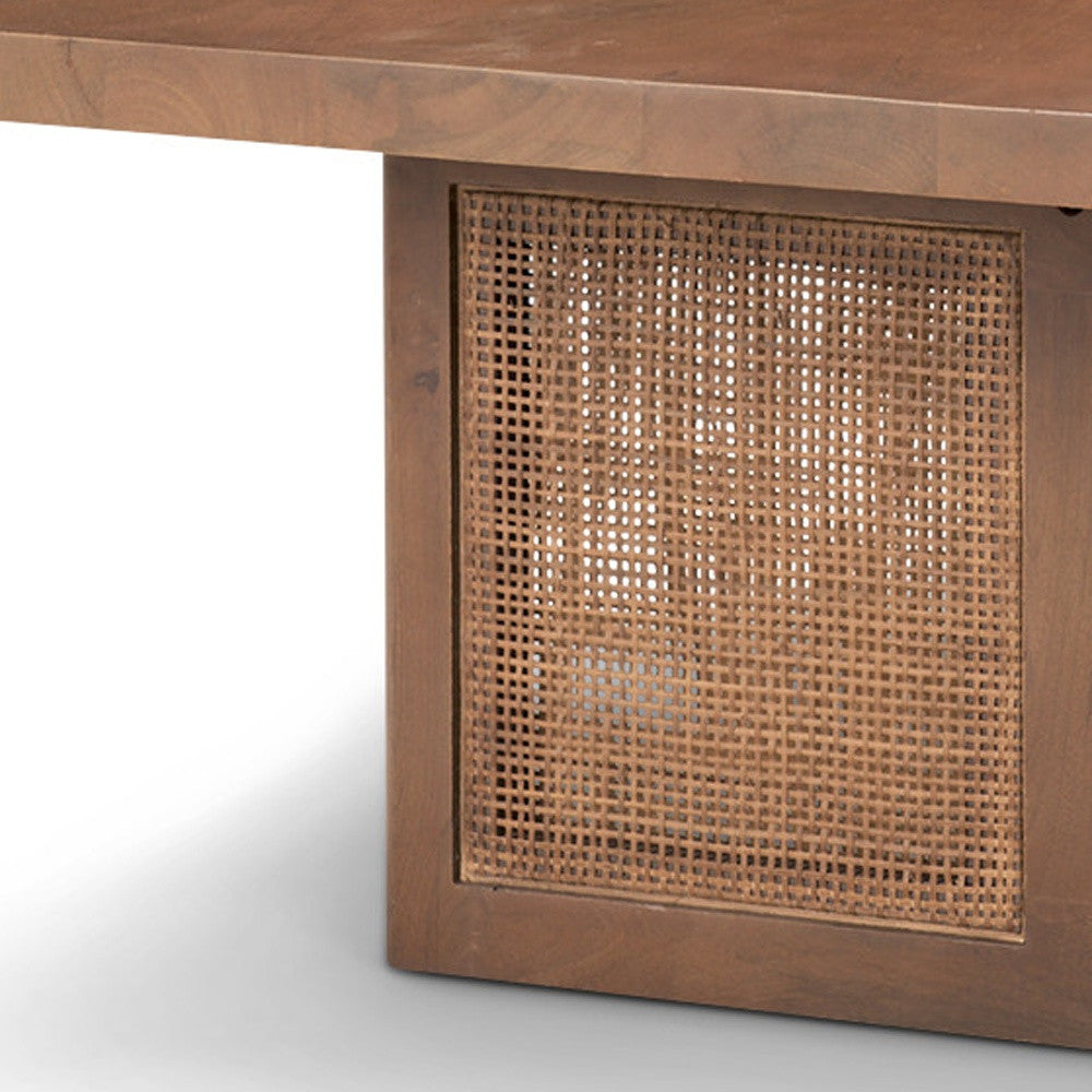 42" Brown and Natural Solid Wood and Wicker Square Double Pedestal Coffee Table - Loft&Timber