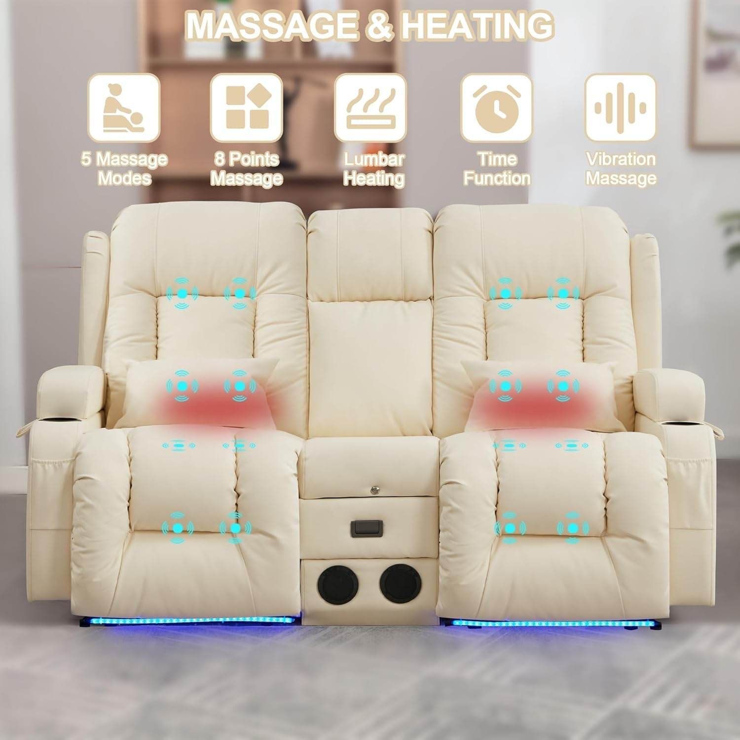Power Loveseat Recliner Sofa with Massage & Heat (Cream White) - Loft&Timber