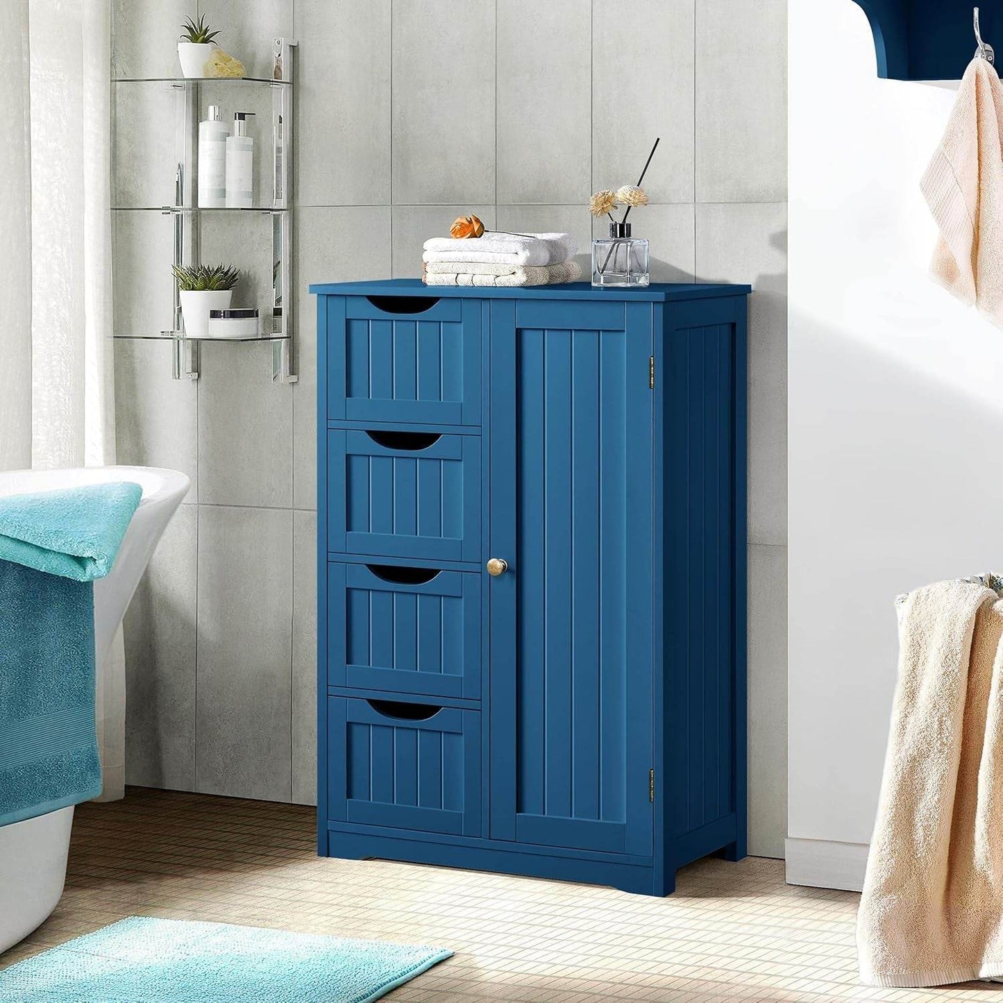 Wooden Bathroom Floor Cabinet, Side Storage Organizer Cabinet with 4 Drawers and 1 Cupboard, Freestanding Entryway Storage Unit Console Table, Bathroom Furniture Home Decor, Navy Blue - Loft&Timber