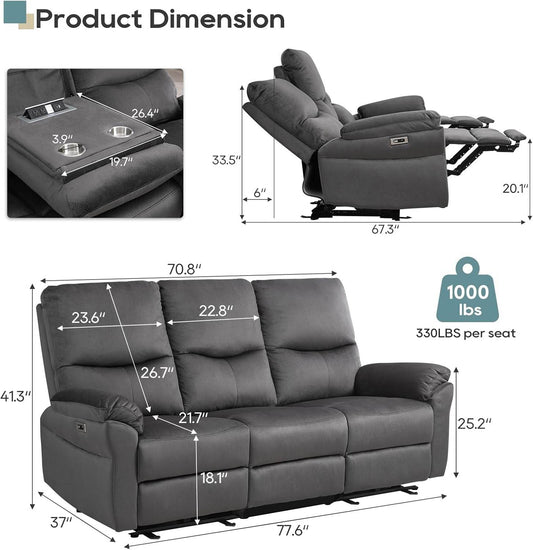 Reclining Sofa, Power Reclining Sofa with Drop down Table, Cup Holder and USB Port, Modern Recliner Sofa 3 Seater,Wall Hugger Sofa Recliner for Living Room Furniture Sets(Gray) - Loft&Timber
