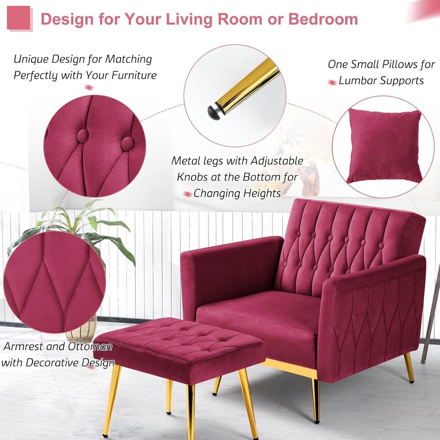 2 Pieces Velvet Futon Sofa Set with Adjustable Backrests and Armrests, 70” Convertible Sofa Bed & Tufted Accent Chair with Ottoman for Living Room, Fuchsia - Loft&Timber