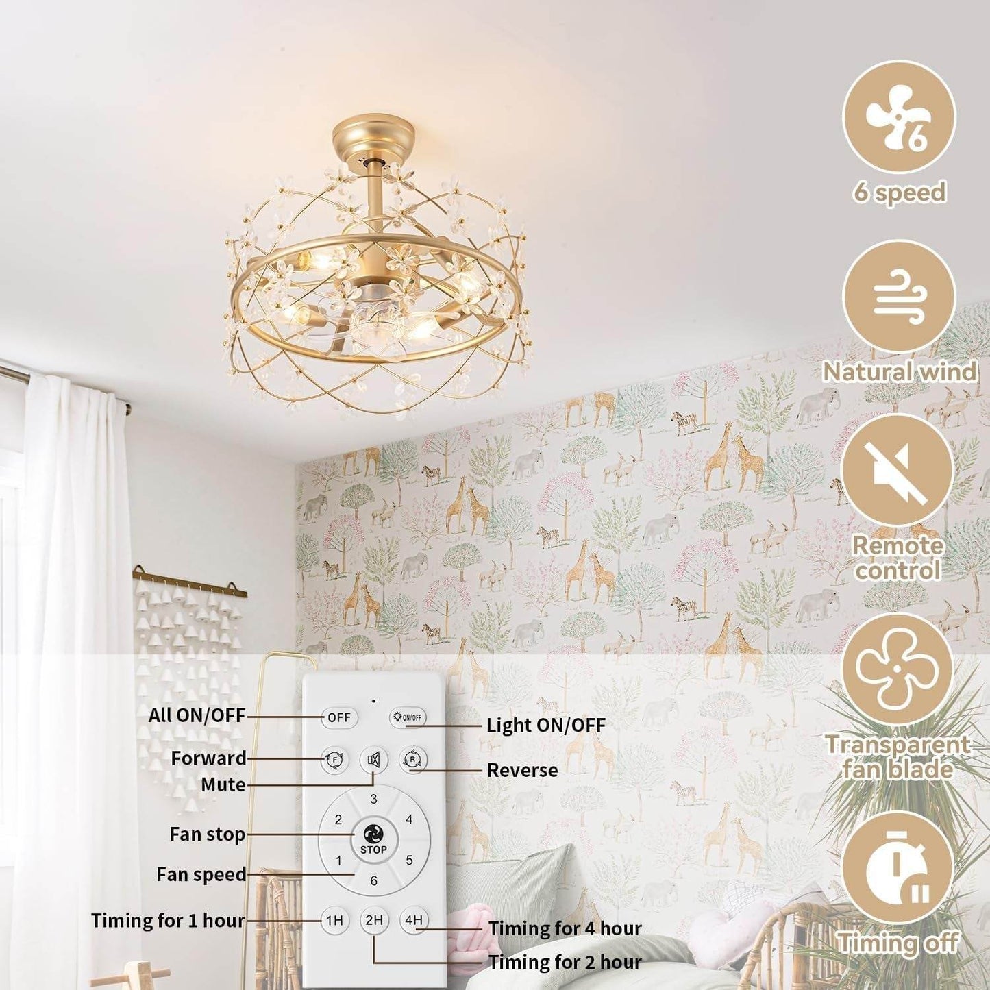 20 Inch Gold Caged Ceiling Fan with Light, Flower Chandelier Ceiling Fan with Lights Remote Control, Modern Crystal Fandelier 6 Speeds for Girl'S Bedroom, Living Room - Loft&Timber