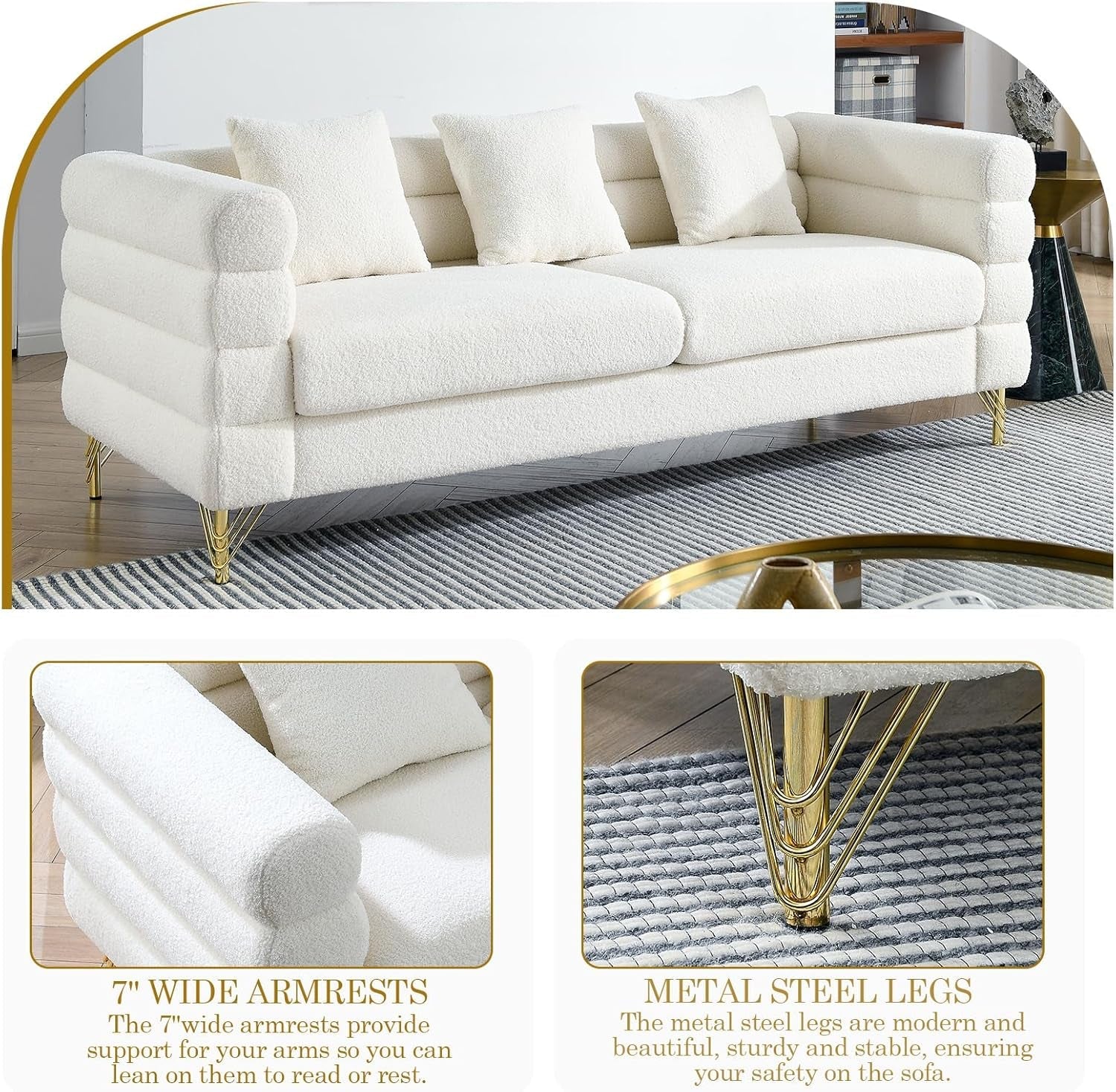 Sofa, 2 Pieces Sofa Set,Oversize 2/3 Seater Extra Deep Seat Sofa,Modern Upholstered Futon White Sofa Couch, Comfy Bouclé Cloud Sofa,Furniture for Living Room,Bedroom,Office,Apartment(White)-4