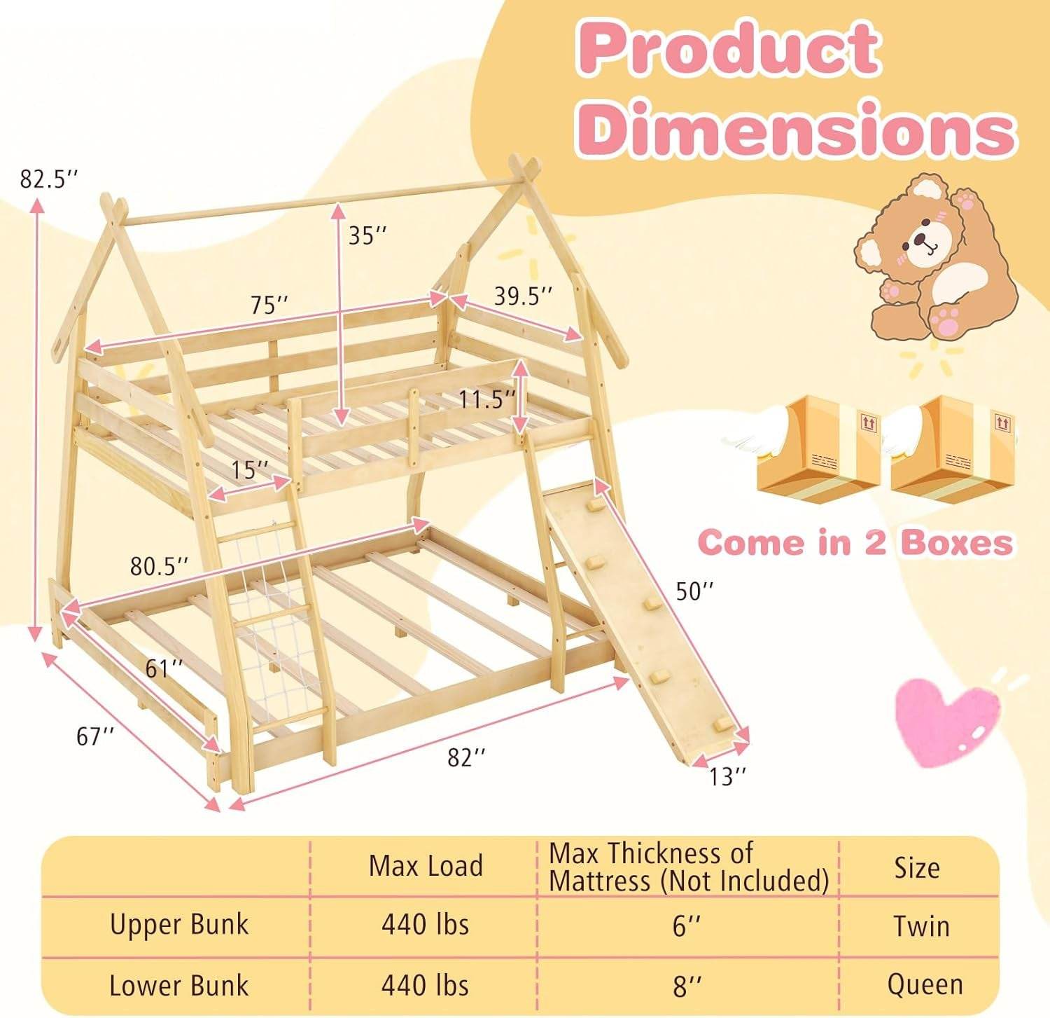 Twin over Queen Bunk Bed, Wood House Bunk Bed for Kids with Climbing Nets and Ramp, Floor Queen Size Bunk Beds with Safety Guardrail, No Box Spring Needed, for Boys Girls Adults (Natural) - Loft&Timber