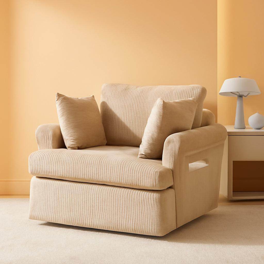 39Inch Swivel Chair CorduroyFabric Barrel Khaki Cushions - Loft&Timber