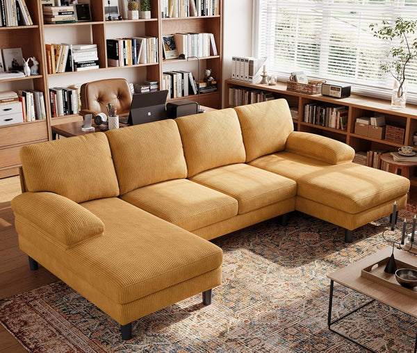 Sectional Couch, 111'' W Corduroy U Shaped Sofa with Sleepable Armrests, 4 Seat Couch with Double Chaises, Deep Sofa for Living Room, Yellow-0